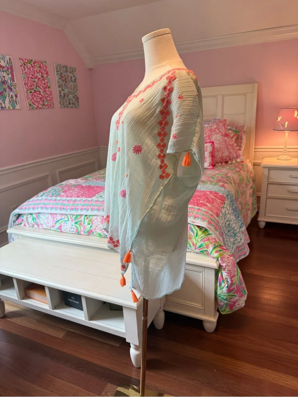 Lilly Pulitzer Light Blue Swim Coverup/Top with Orange Embroidery and Tassels